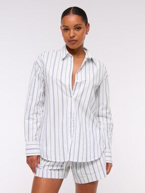 Abercrombie & Fitch Oversized Tie-Back Poplin Shirt in White Stripe NEW
